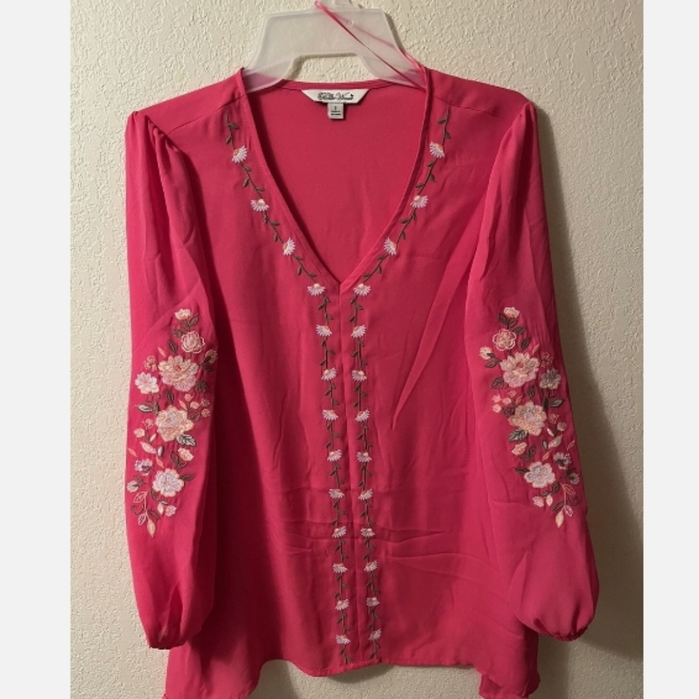 The Pioneer Woman Hot Pink Embroidered V-Neck Peasant Blouse